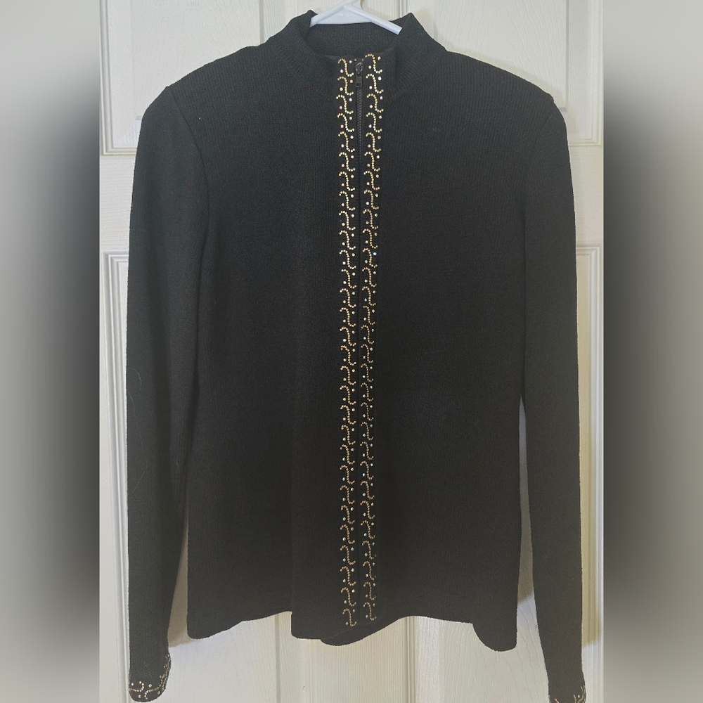 Black Silk Knit Cardigan With Gold Detailing